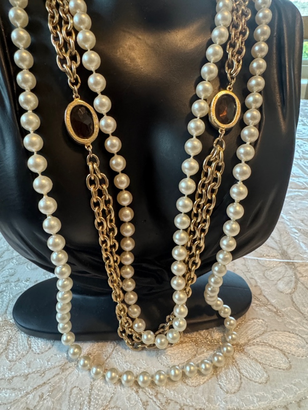 Classic Pearl and Gold Multi-Strand Necklace - Ivory/Gold With Amber Bead